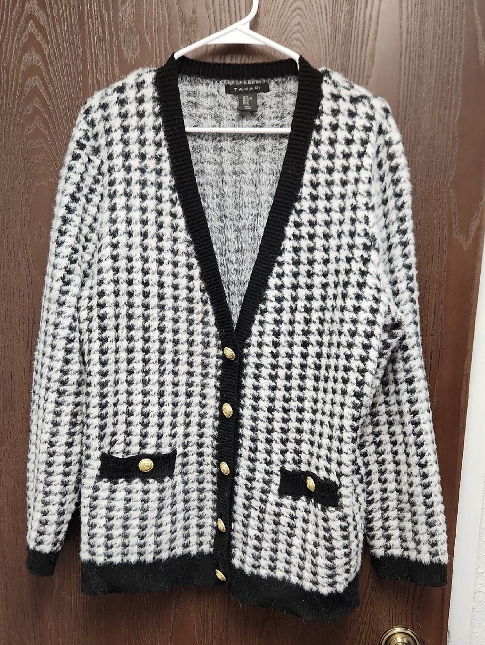 Tahari Black & White Houndstooth Knit Cardigan with Gold Buttons